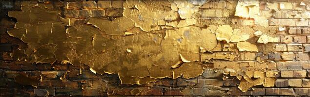 Textured Gold Paint Peeling Off a Brick Wall photo