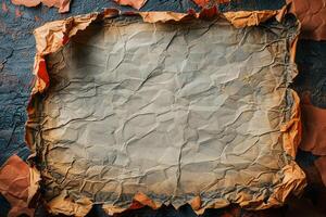 A torn piece of paper with a rough texture and a faded orange color photo