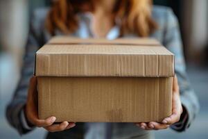 Person in Business Attire Holding a Cardboard Box, Symbolizing Delivery or Moving photo