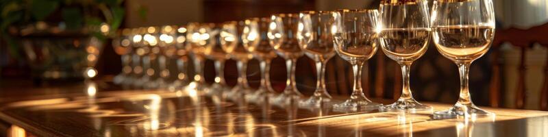 A row of wine glasses are lined up on a table photo