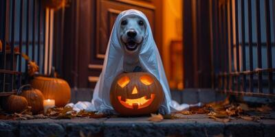 A dog is wearing a ghost costume and holding a pumpkin photo