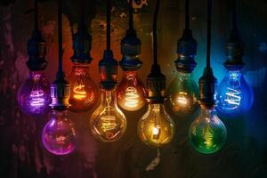 A row of colorful light bulbs hanging from the ceiling photo