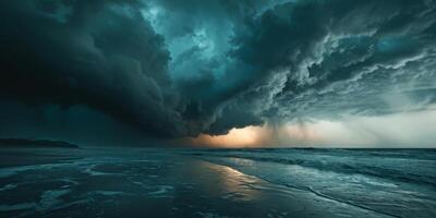 A stormy ocean with dark clouds and a bright sun photo