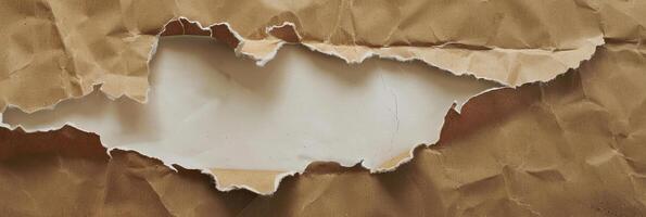 Piece of Brown Paper with Torn Section Revealing White Background photo