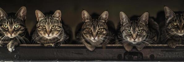 A group of cats are sitting on a ledge, looking at the camera photo