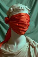 Blindfolded Classical Statue with Vibrant Red Cloth photo