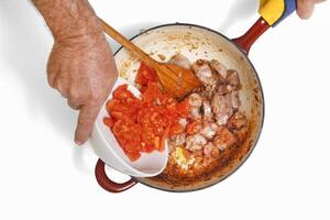 step by step guide to Goulash, a classic Hungarian dish with meat, sweet paprika, butter, tomatoes and garlic photo