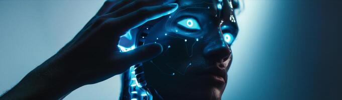 Futuristic Robot Hand Touching a Human Face with Glowing Blue Lights photo