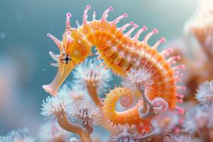 A sea creature with a long, orange tail is swimming in a coral reef photo