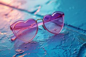 A pair of pink sunglasses with a heart shape on the lens photo