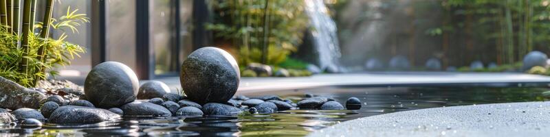 Contemplative Zen Garden with Spherical Stones by Water photo