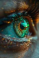 A close up of a person s eye with a green tint and a digital effect photo