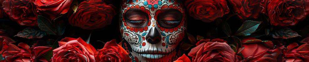 A woman s face is painted with a skeleton and surrounded by red roses photo