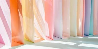 A row of colorful paper bags are lined up, creating a rainbow effect photo