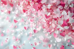 A pink and white background with a lot of hearts scattered around photo