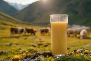 Golden Hour in the Pasture with a Fresh Glass of Milk in the Foreground photo