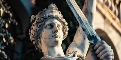 Marble Statue Head on Figure Wearing a Modern Crown and Holding a Sword photo