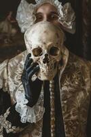 A man in a costume holding a skull photo