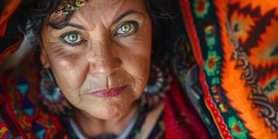 A woman with blue eyes and a red and green scarf photo