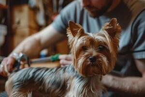 A man is grooming a dog with scissors photo