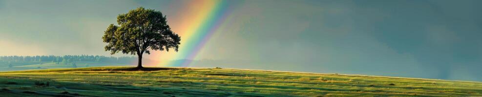 A rainbow is above a tree in a field photo