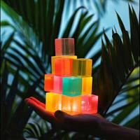 A hand holding a stack of colorful blocks photo