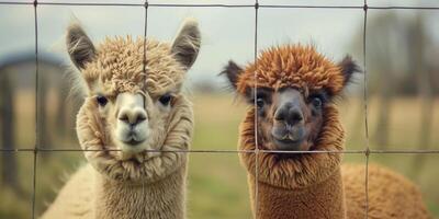 par de mullido alpacas, uno con ligeramente diferente color, detrás un cerca foto