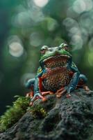 A frog is sitting on a rock in a forest photo