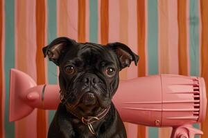 A black Pug dog is sitting in front of a pink hair dryer photo