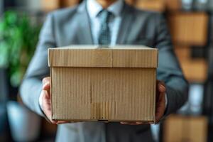 A man is holding a cardboard box photo