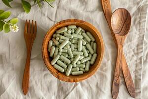 A bowl of pills sits on a table with a fork and spoon photo