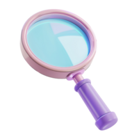 A pink and purple magnifying glass with a blue lens. 3d rendering png