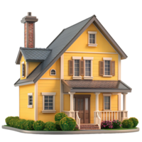 A yellow house with a brick chimney and a white porch png