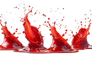 A splash of red tomato ketchup is splattered across a transparent background png