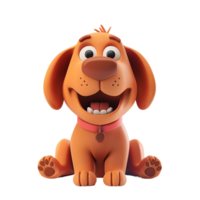 un sonriente marrón dibujos animados perro se sienta felizmente, deportivo un brillante rojo cuello, 3d representación png