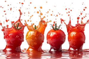 Ripe tomatoes mid-air with vibrant red liquid splash on a reflective surface png