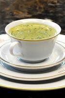 Vichyssoise, cold leek soup, classic French cuisine recipe photo