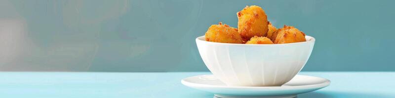 A bowl of fried food sits on a table photo