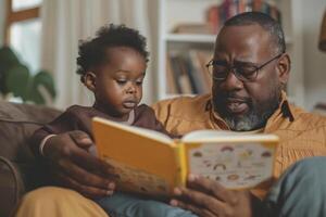 A man and a child are sitting on a couch reading a book together photo