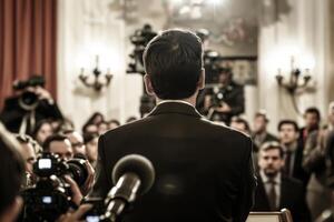 A man stands in front of a crowd of people, with a microphone in front of him photo