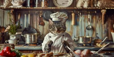 Serious Cat in Chef s Outfit Cooking in Rustic Kitchen photo