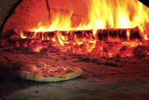 pizza being taken out of the wood oven photo