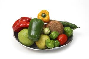 platter with vegetables and fruits on white background photo