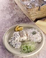 steamed fish fillet with cheese sauce and vegetable pasta photo