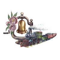 Vintage steam locomotive and locomotive bell decorated with flowers. Handmade watercolor illustration in vintage style. For postcards, badges and emblems for posters, prints or stickers, tickets. png