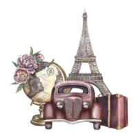 A retro car and an antique globe of the earth, the Eiffel Tower and a suitcase. A watercolor illustration made by hand. Vintage travel. For banners, flyers, posters. For prints, stickers, postcards. png