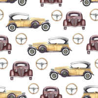 Seamless pattern featuring vintage retro cars. The illustrations are made by hand in watercolor. Front and side view. For textile, wallpaper and print, packaging, wrapping paper png