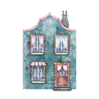 An old European house, a fabulous, cute, blue two-storey house in vintage style. The watercolor illustration is hand-drawn. Isolate. For prints, children's games for postcards, packaging, scrapbooking png