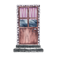 Retro door. Vintage wooden door with pink curtains and stone steps. A watercolor illustration made by hand. Highlight it. A design element for home, children's games, postcards and decor. png