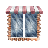 The window is in retro style. An old vintage window framed with brick. With a trump card over the window. A hand-drawn watercolor illustration. Highlight it. A design element for home children's games png